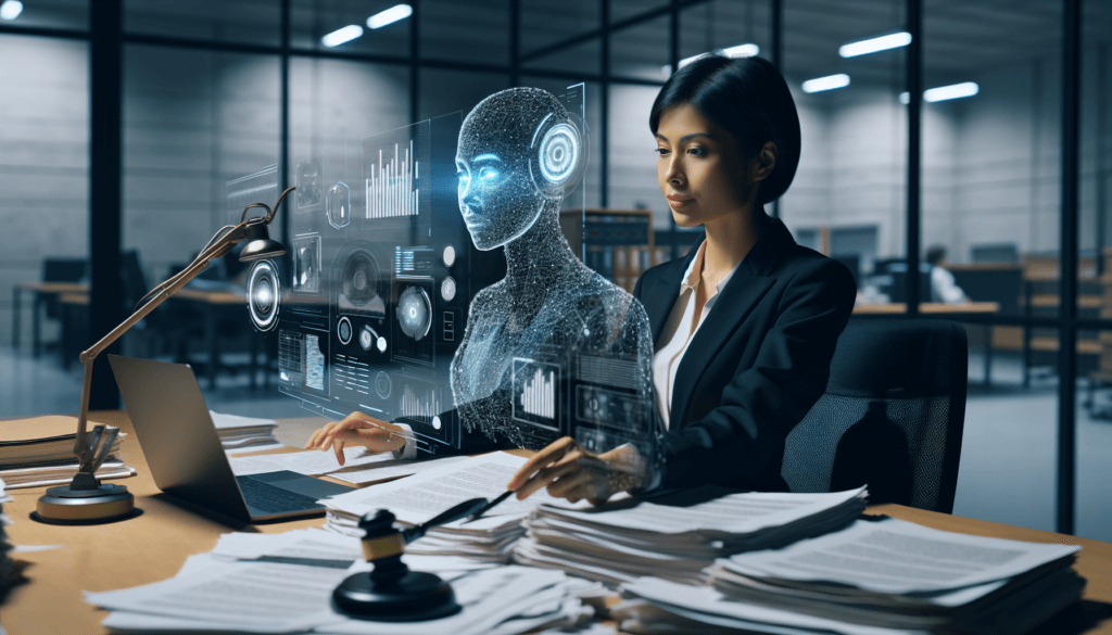 imagen que muestra a un abogado usando inteligencia artificial en su escritorio, rodeado de documentos, con gráficos de datos proyectados.