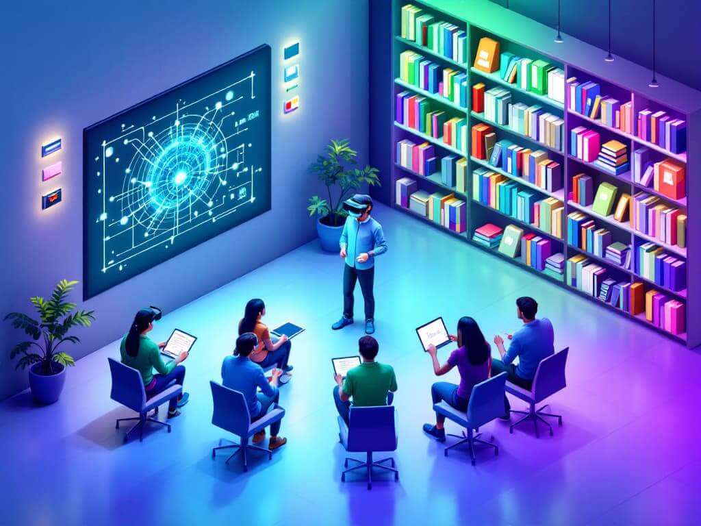 Aprendizaje de IA en entorno futurista, instructor con realidad virtual, tabletas y pantalla digital.